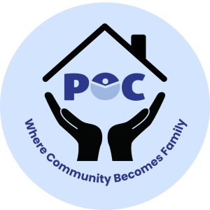 POC logo under outline of a house held up by hands above saying Where Community Becomes Family logo