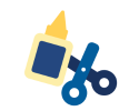 school glue bottle in yellow with blue label and scissors in blue