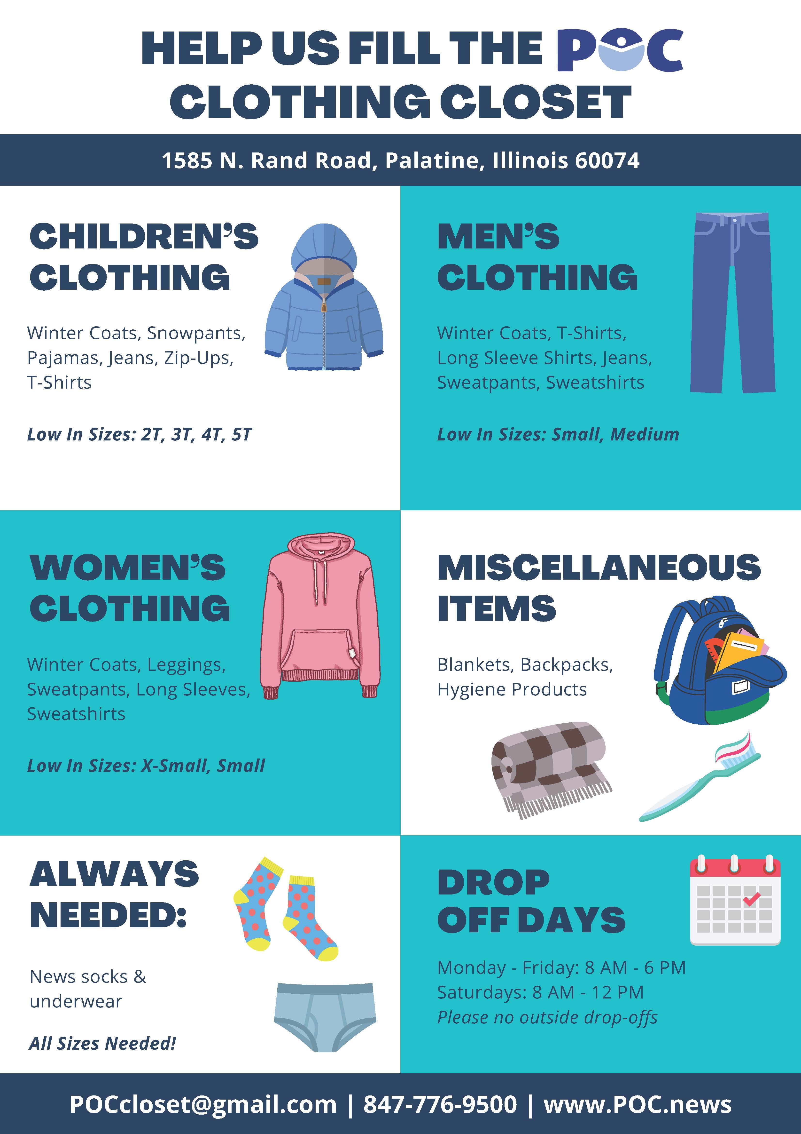 PDF listing of clothing donation needs